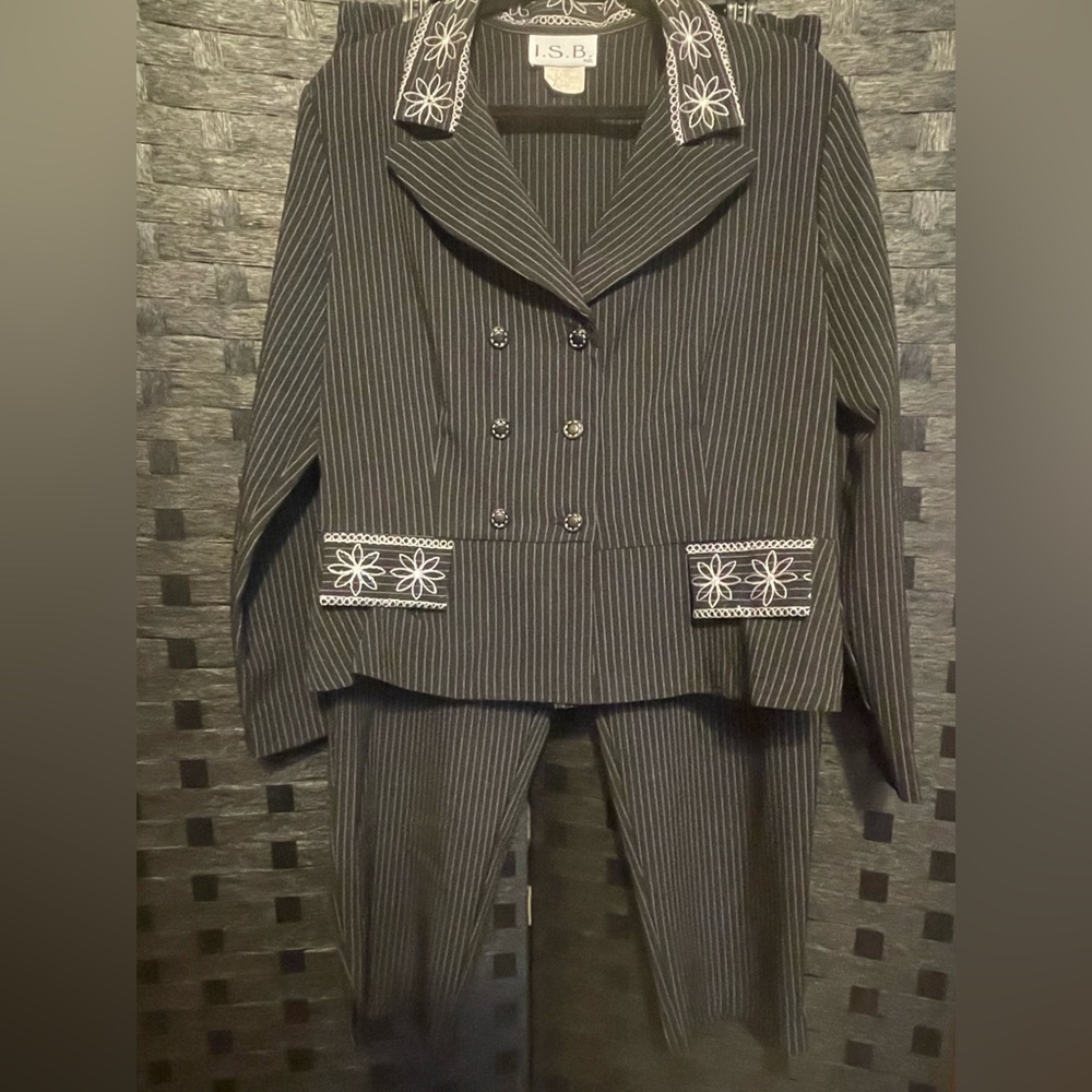 Vtg I.S.B Inc Jacket And Pants Black White Striped Size 14p embroidered floral